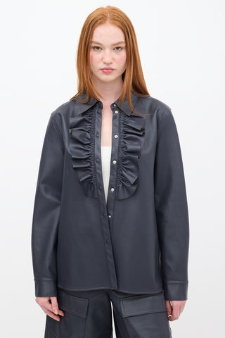 Tibi Navy Faux Leather Ruffle Shirt & Shorts Set