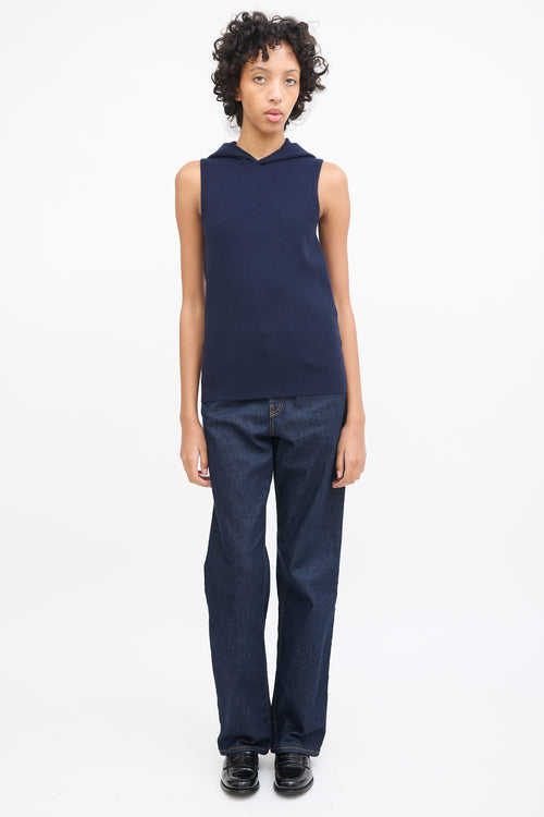 Tibi Navy Knit Hooded Sleeveless Top