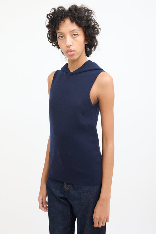 Tibi Navy Knit Hooded Sleeveless Top