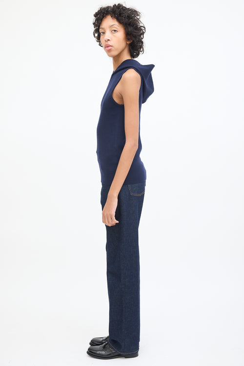 Tibi Navy Knit Hooded Sleeveless Top