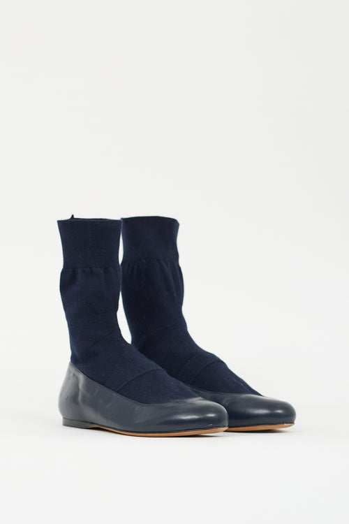 Tibi Navy Leather Borg Sock Flat