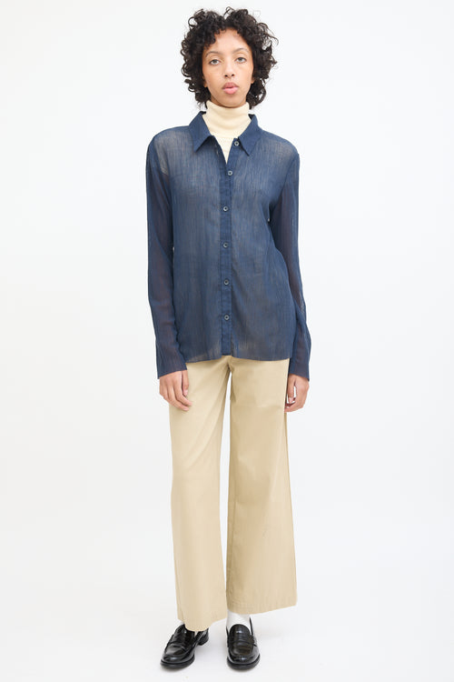 Tibi Navy Plissé Button Up Shirt