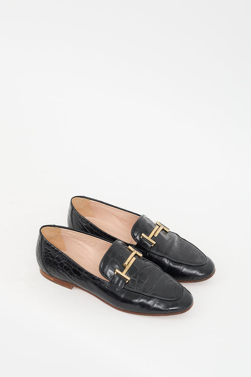 Tod's Black Leather Embossed Double T Loafer