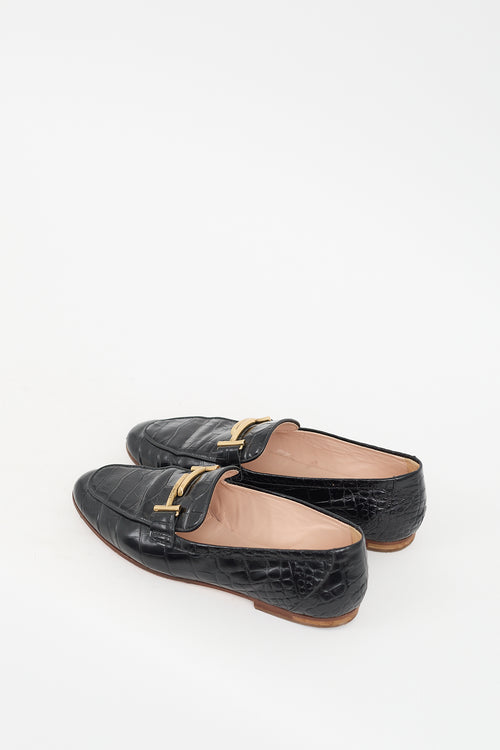 Tod's Black Leather Embossed Double T Loafer