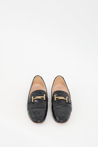 Tod's Black Leather Embossed Double T Loafer