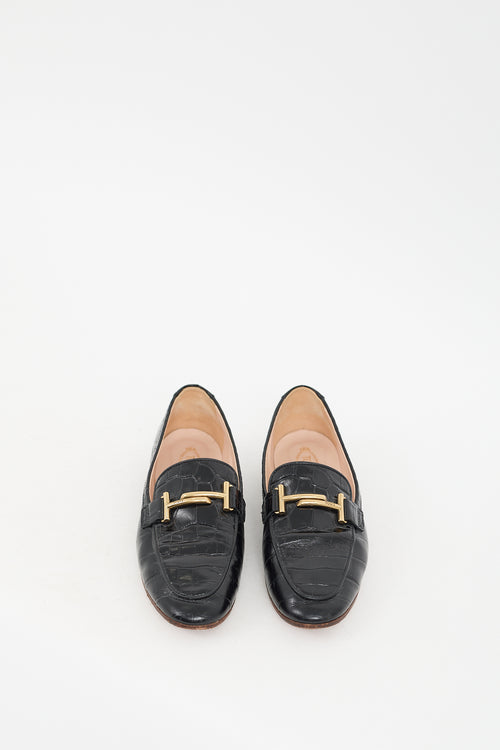 Tod's Black Leather Embossed Double T Loafer