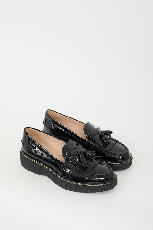 Tod's Black Patent Leather Fringe Platform Loafer