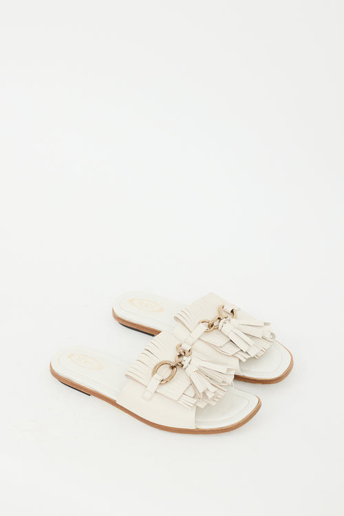 Tod's Cream Leather Kiltie Fringe Slide