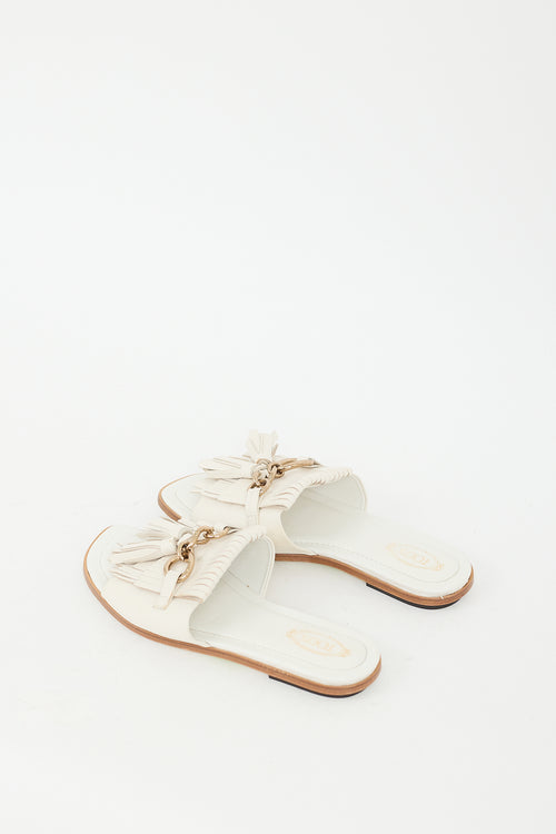 Tod's Cream Leather Kiltie Fringe Slide