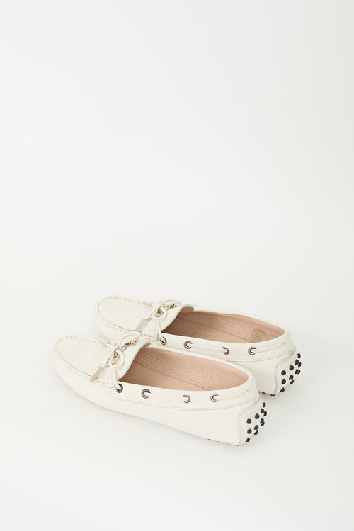 Tod's Cream Textured Leather Gommino Embellished Loafer