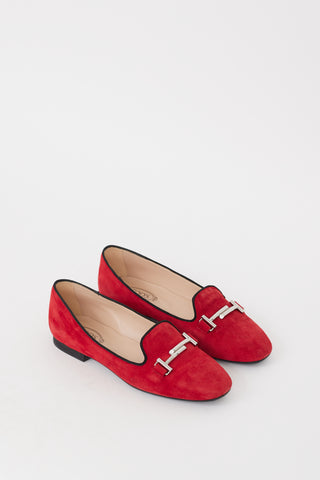 Tod's Red & Silver Suede Double T Loafer
