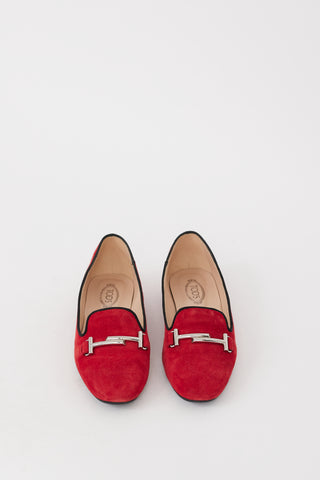 Tod's Red & Silver Suede Double T Loafer