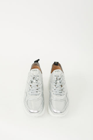 Tod's Silver Leather Drilled Perforated Sneaker