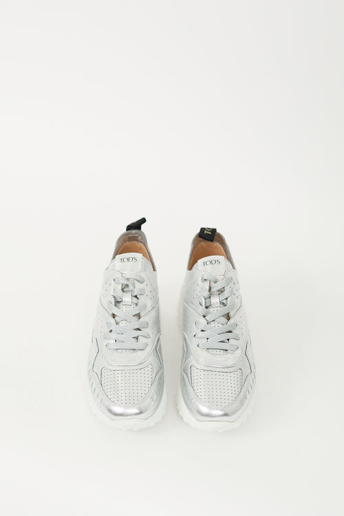 Tod's Silver Leather Drilled Perforated Sneaker