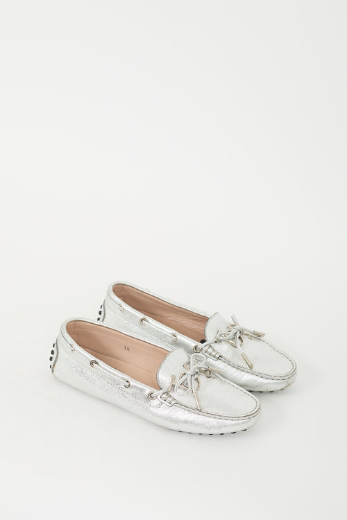 Tod's Silver Metallic Silver Embellished Driving Loafer