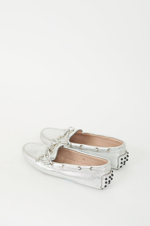 Tod's Silver Metallic Silver Embellished Driving Loafer