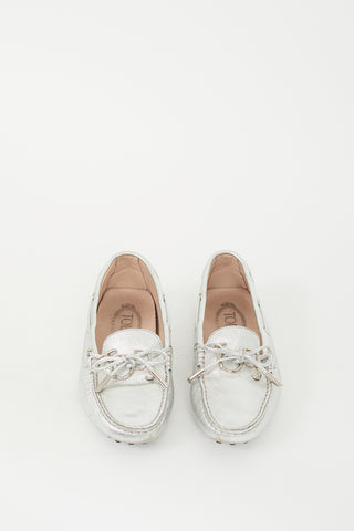 Tod's Silver Metallic Silver Embellished Driving Loafer