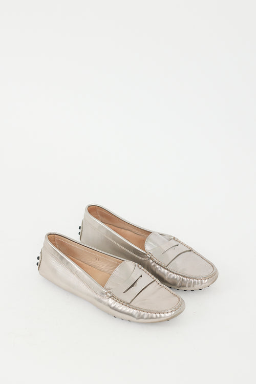 Tod's Silver Textured Metallic Leather Penny Loafer