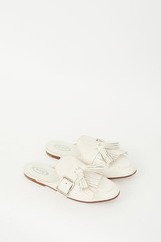 Tod's White Leather Buckled Kiltie Fringe Mule