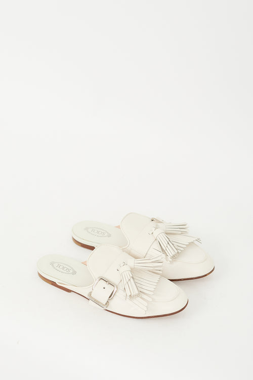 Tod's White Leather Buckled Kiltie Fringe Mule