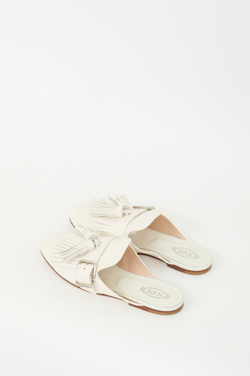 Tod's White Leather Buckled Kiltie Fringe Mule