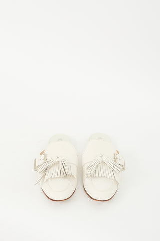 Tod's White Leather Buckled Kiltie Fringe Mule