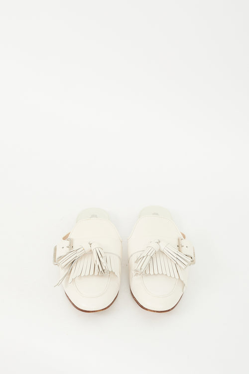 Tod's White Leather Buckled Kiltie Fringe Mule