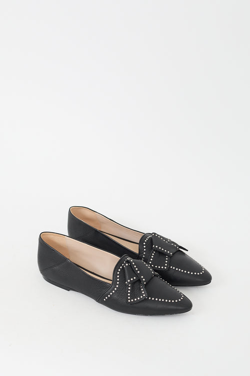 Tod's Black Leather Studded Bow Flat