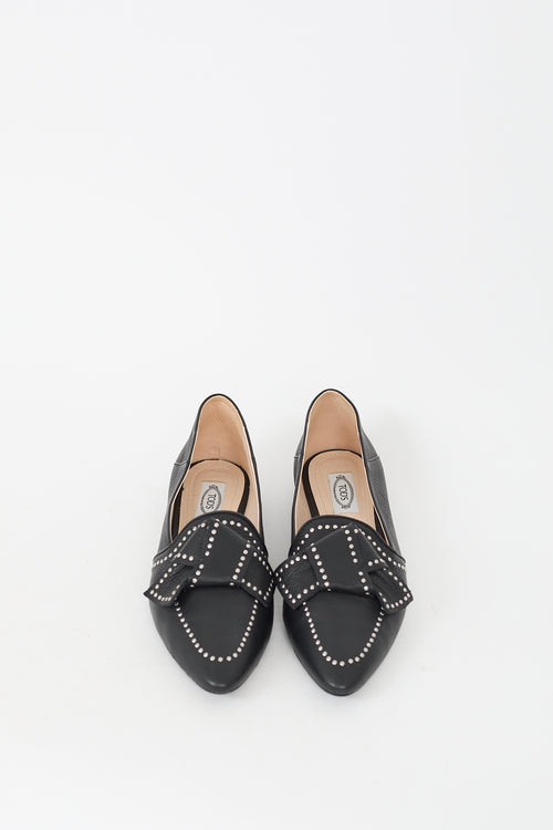 Tod's Black Leather Studded Bow Flat