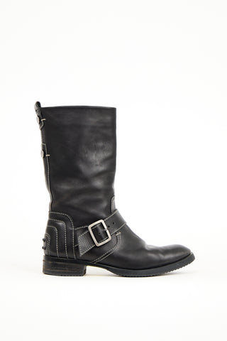 Tod's Black Leather White Stitched Moto Boot