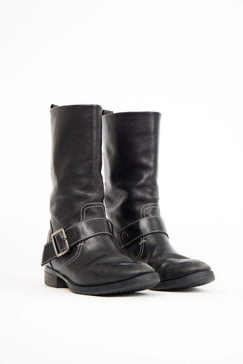 Tod's Black Leather White Stitched Moto Boot