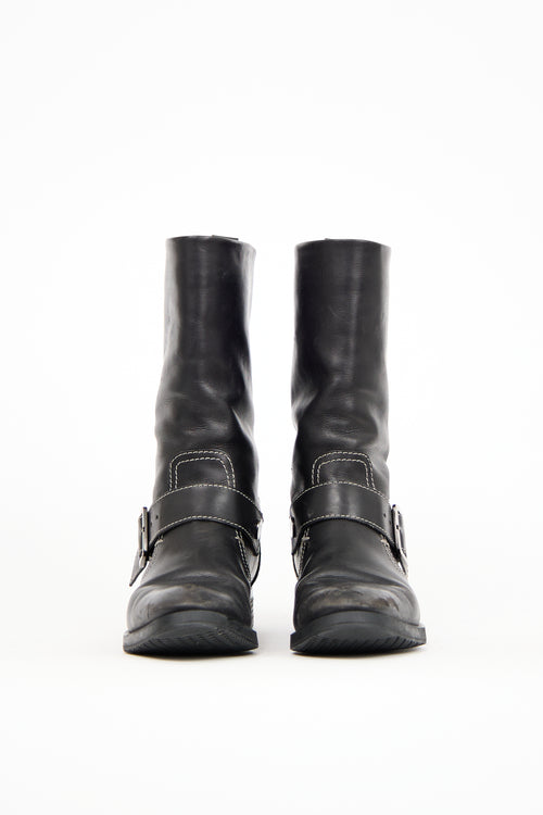 Tod's Black Leather White Stitched Moto Boot