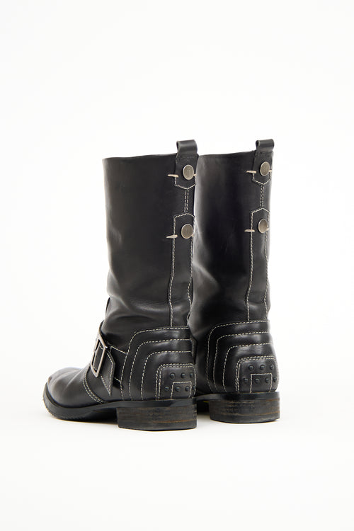 Tod's Black Leather White Stitched Moto Boot