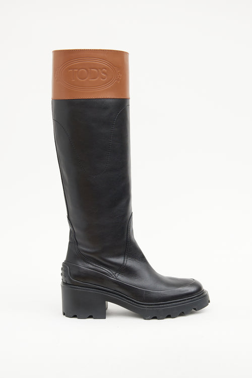 Tod's Wagon Black & Brown Logo Knee High Boot