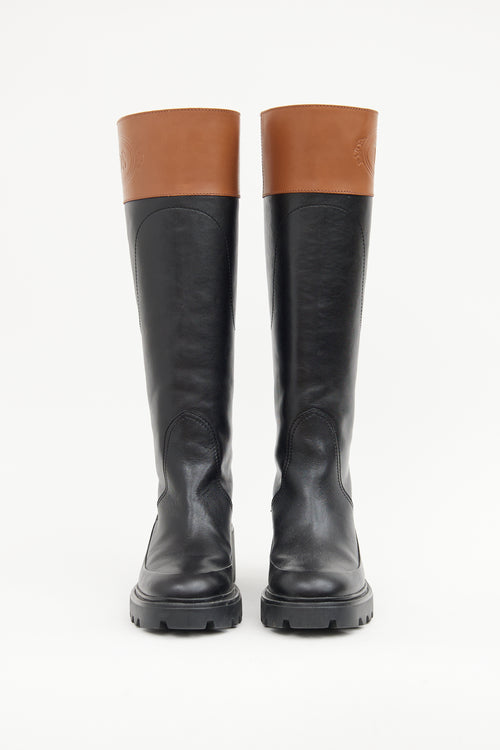 Tod's Wagon Black & Brown Logo Knee High Boot