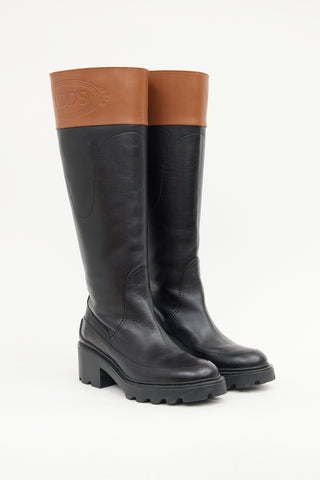 Tod's Wagon Black & Brown Logo Knee High Boot