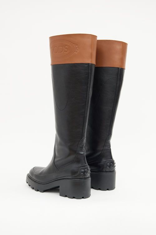 Tod's Wagon Black & Brown Logo Knee High Boot