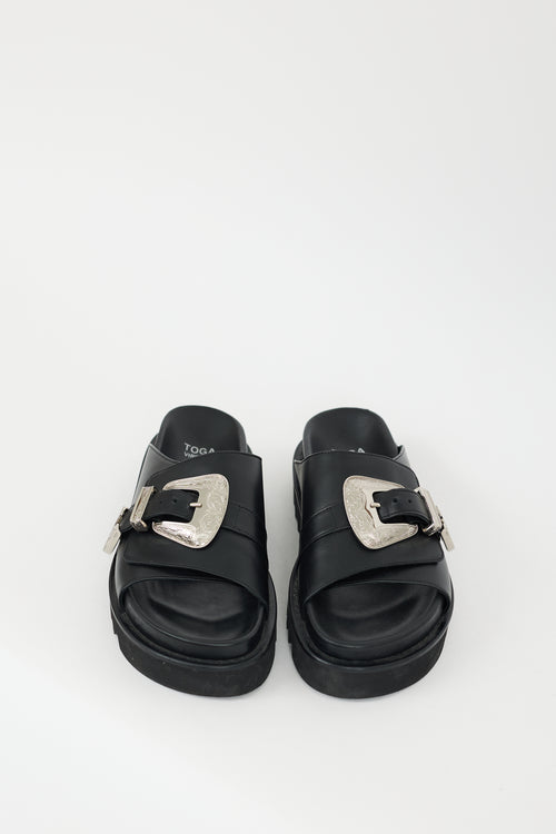 Toga Virilis Black & Silver Leather Buckled Sandal
