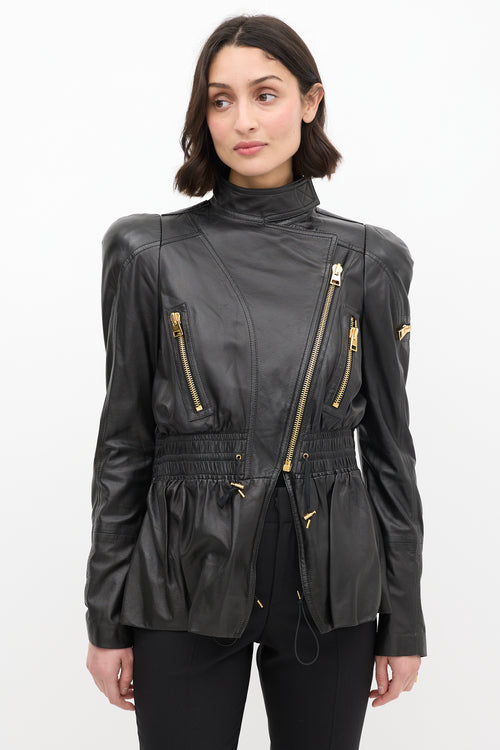 Tom Ford Black Leather Asymmetrical Cinched Jacket