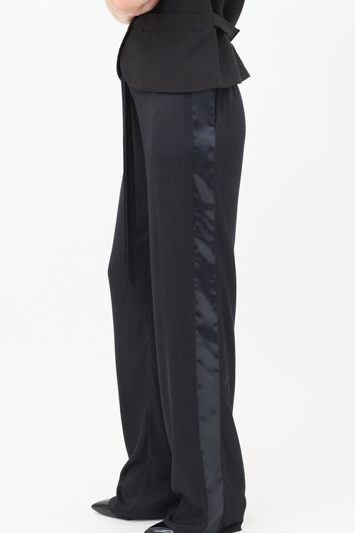 Tom Ford Black Satin Tuxedo Stripe Logo Waist Trouser