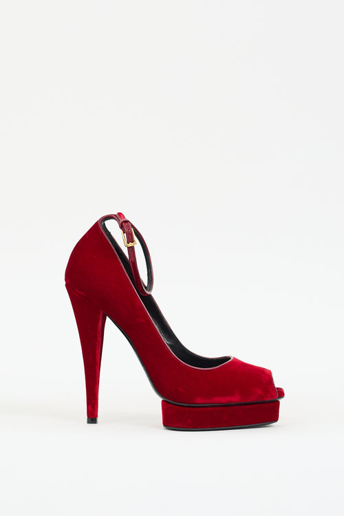 Tom Ford Red Velvet Ankle Strap Platform Heel