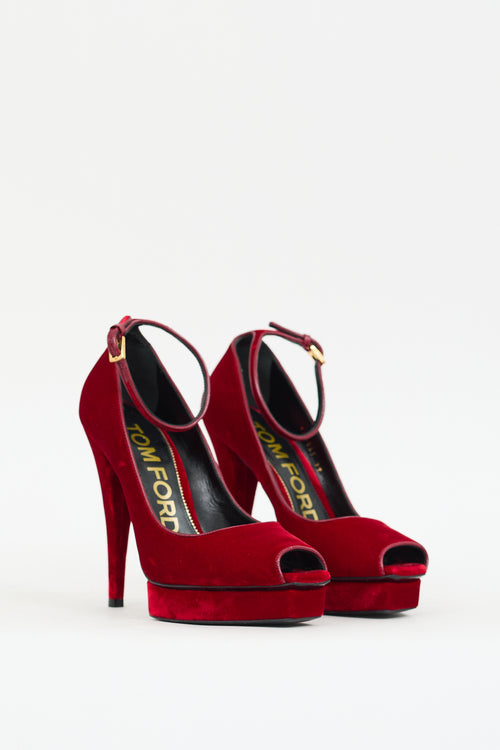 Tom Ford Red Velvet Ankle Strap Platform Heel