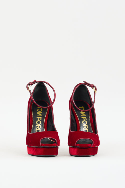 Tom Ford Red Velvet Ankle Strap Platform Heel