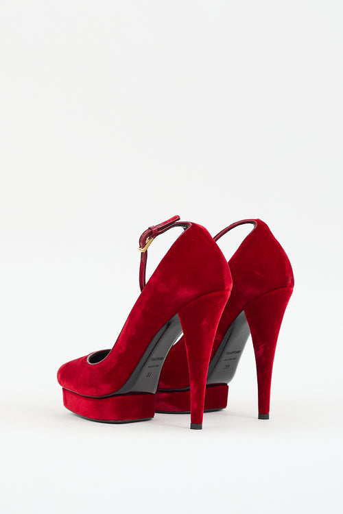 Tom Ford Red Velvet Ankle Strap Platform Heel