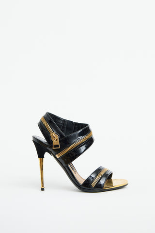 Black Patent & Gold Zipper Heel