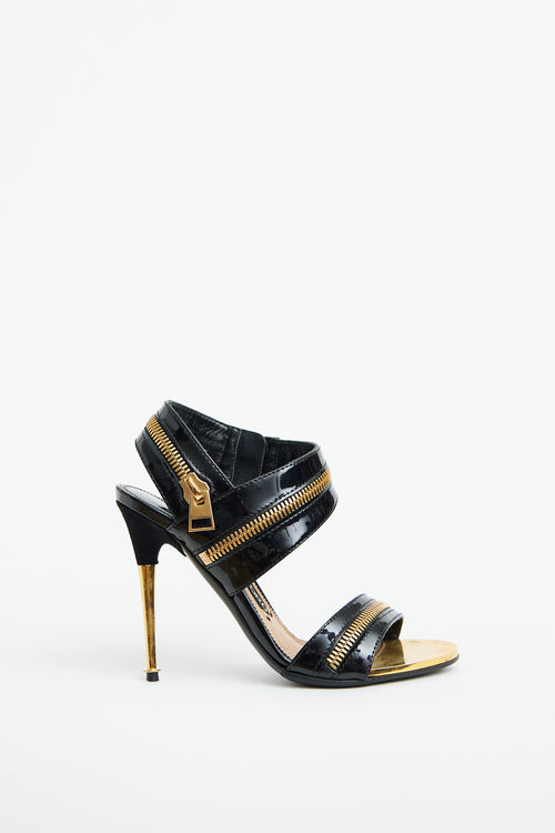 Black Patent & Gold Zipper Heel