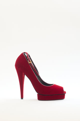 Tom Ford Red Velvet Ankle Strap Platform Pump