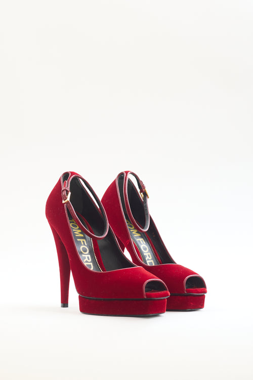 Tom Ford Red Velvet Ankle Strap Platform Pump