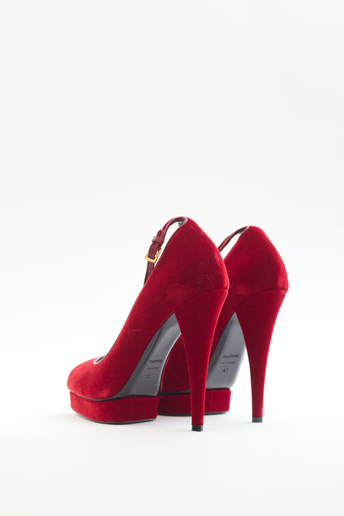 Tom Ford Red Velvet Ankle Strap Platform Pump