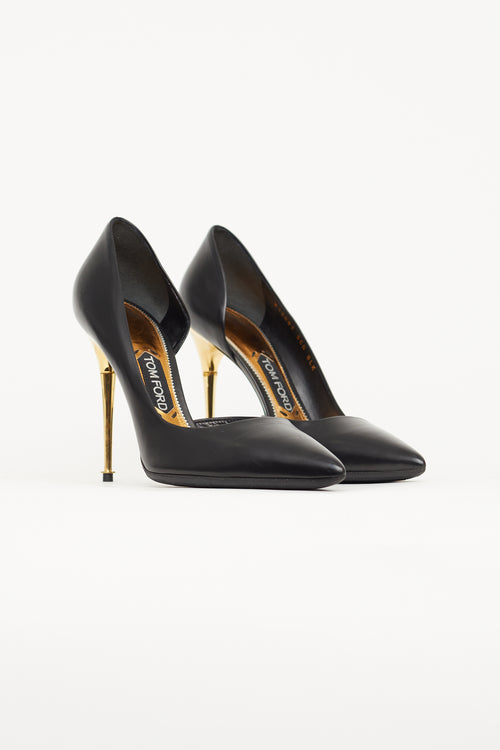 Tom Ford Black Leather Gold Heel Pump